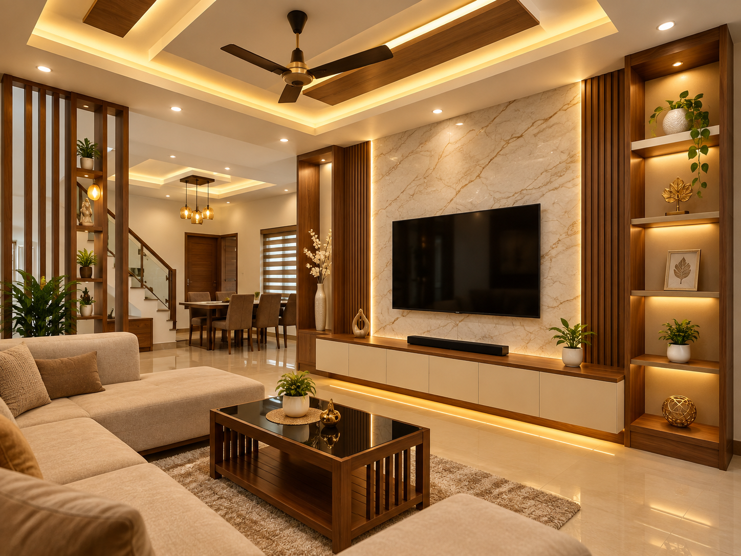TV unit with backlit panel and open shelving